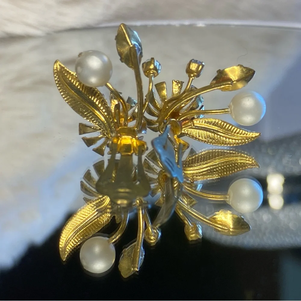 Vintage Austria Gold Tone Clip-on Earrings with Faux Pearl & AB Crystals.